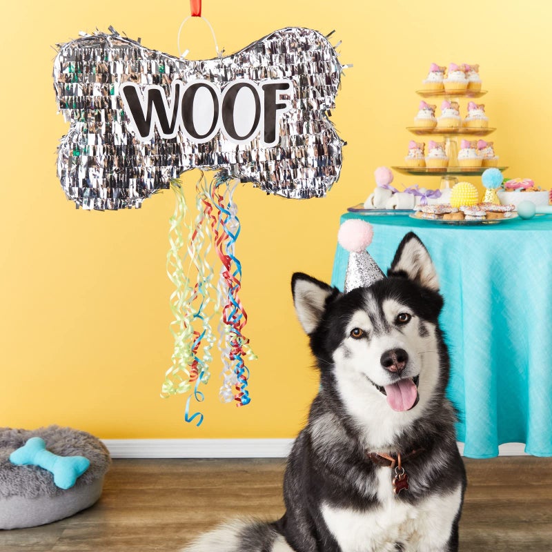 BLUE PANDA Dog Pinata Pull String Bone-Shaped - Small, 16.8 x 10 x 3 in, Silver Foil - Dog Birthday Pinata for Puppy Party - Party Decor & Birthday Decorations - Image 2